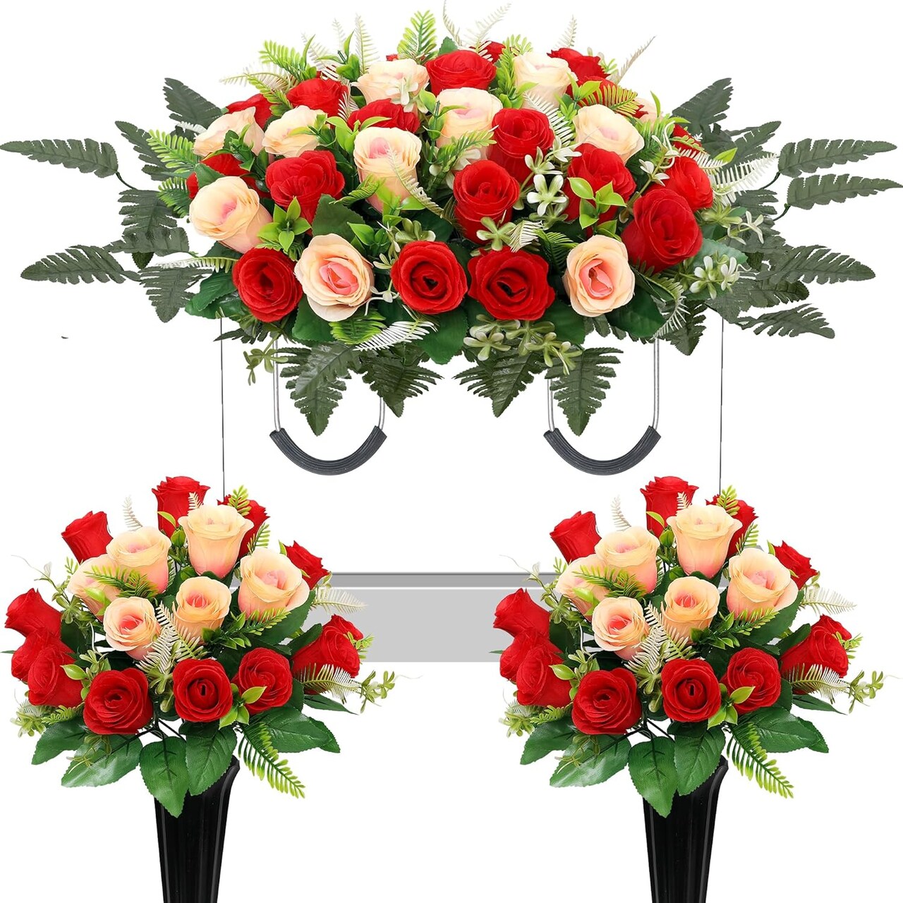 Large Artificial Cemetery Flowers for Grave,Headstone Flower Saddle 3Pcs Realistic Grave Memorial Flowers with Vase for Outdoor Tombstone Decorations (Red White)